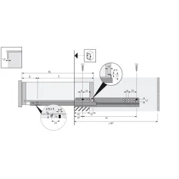 Coulisse à sortie partielle invisible QUADRO 25 avec amortissement et supports / 25 kg