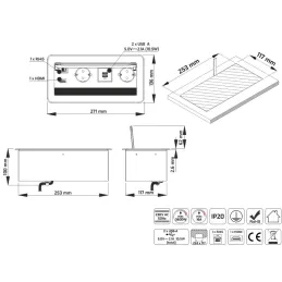 Prise escamotable encastrable 2 x 230 V + 2 x USB pour la recharge + HDMI + RJ45 / Acier inoxydable