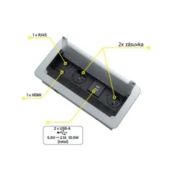 Prise escamotable encastrable 2 x 230 V + 2 x USB pour la recharge + HDMI + RJ45 / Acier inoxydable
