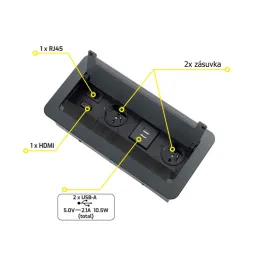 Prise escamotable encastrable 2 x 230 V + 2 x USB pour la recharge + HDMI + RJ45 / Noir brossé