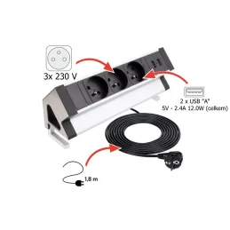 Prise encastrable de bureau DESK 3x230V + 2xUSB pour recharge / Inox