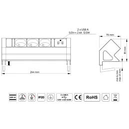 Prise encastrable de bureau DESK 3x230V + 2xUSB pour recharge / Inox