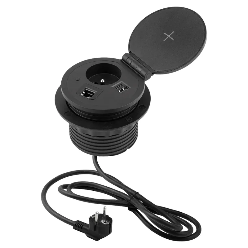 Prise encastrable pour intérieur avec recharge sans fil, à intégrer au bureau, 1×230 V + recharge USB A/C + HDMI + RJ45 / Noir