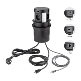 Prise escamotable avec recharge sans fil, 4 × 230 V + recharge 2 × USB A/C + HDMI + RJ45 / Noir
