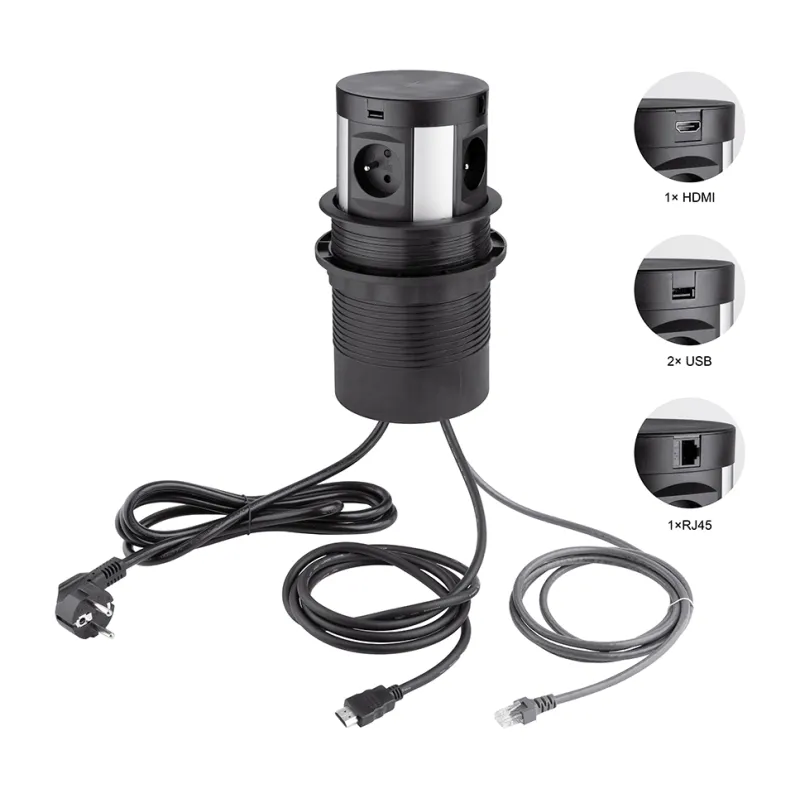 Prise escamotable avec recharge sans fil, 4 × 230 V + recharge 2 × USB A/C + HDMI + RJ45 / Noir