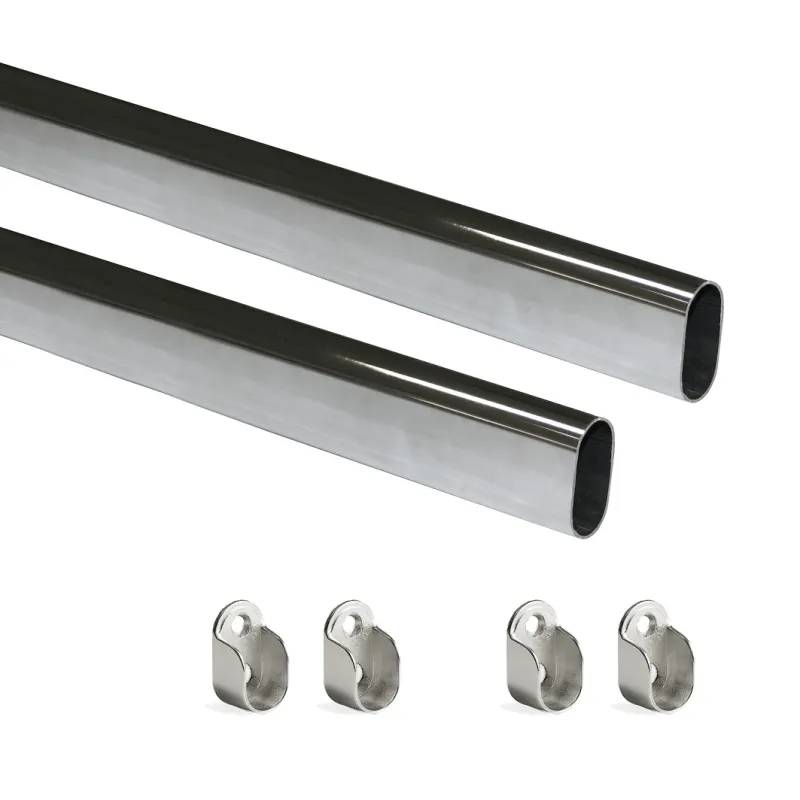Set de 2 barres de penderie ovales avec supports / Chrome brillant