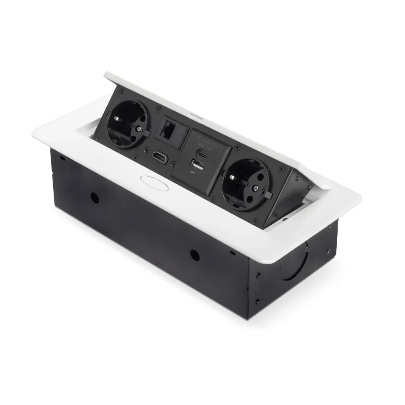 Prise encastrable escamotable ATOMIA 2x230 V + 2xUSB avec recharge A/C + HDMI + RJ45 / Blanc