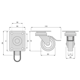 Roulettes pour meuble LIBRA 60 mm avec frein / Gris