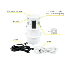 Prise escamotable avec recharge sans fil, 4 prises 230 V + 2 ports USB de recharge A/C + RJ45 / Blanc