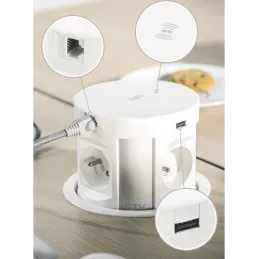 Prise escamotable avec recharge sans fil, 4 prises 230 V + 2 ports USB de recharge A/C + RJ45 / Blanc
