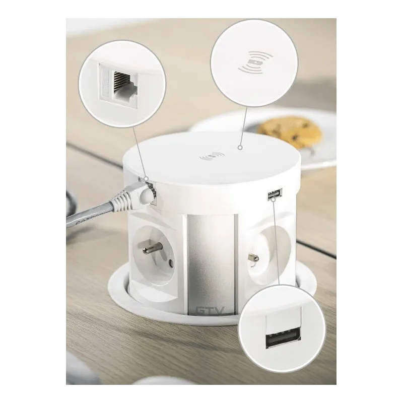Prise escamotable avec recharge sans fil, 4 prises 230 V + 2 ports USB de recharge A/C + RJ45 / Blanc