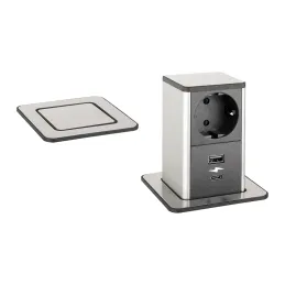 Prise escamotable SQUARE UP SCHUKO 1×230 V + USB A-C / Inox