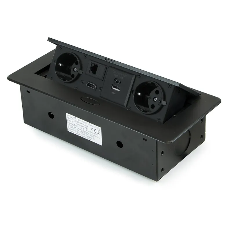 Prise escamotable ATOMIA 2x230 V + charge USB 2xA/C + HDMI + RJ45 / Noir