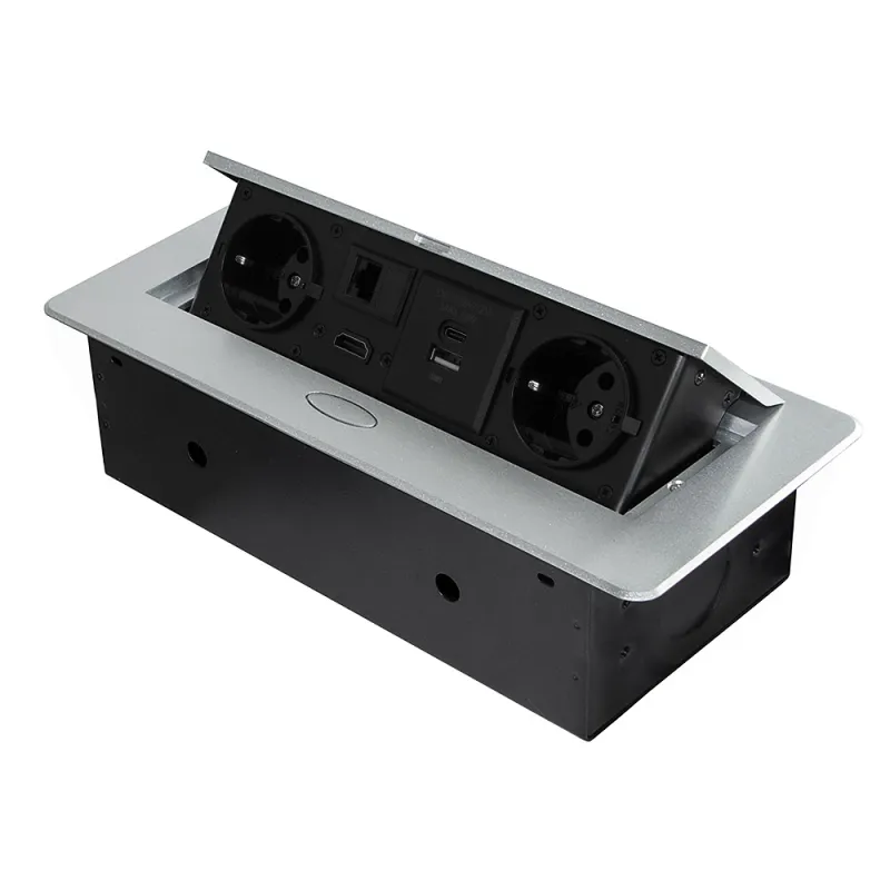 Prise escamotable ATOMIA 2x230 V + recharge 2xUSB A/C + HDMI + RJ45 / Aluminium