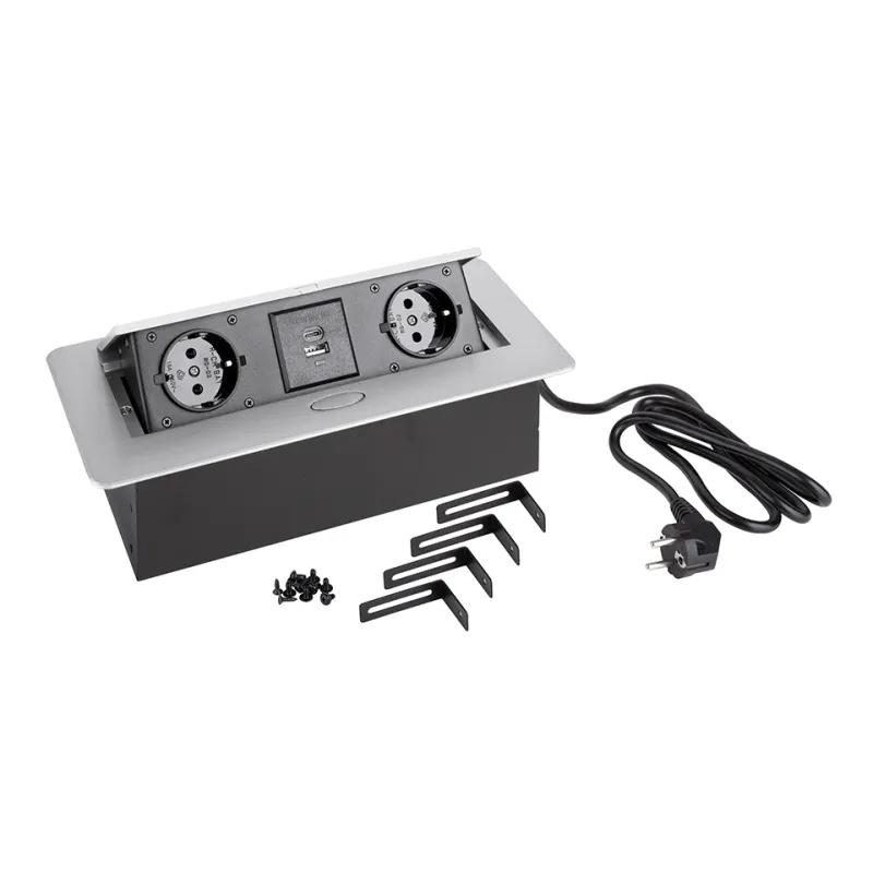 Prise électrique escamotable SCHUKO 2x230V + recharge USB A/C / Aluminium