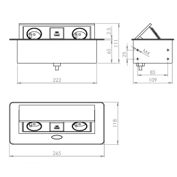Prise électrique escamotable SCHUKO 2x230V + recharge USB A/C / Aluminium
