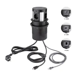 Prise encastrable coulissante SCHUKO avec recharge sans fil 4×230 V + recharge USB A/C + HDMI + RJ45 / Noire