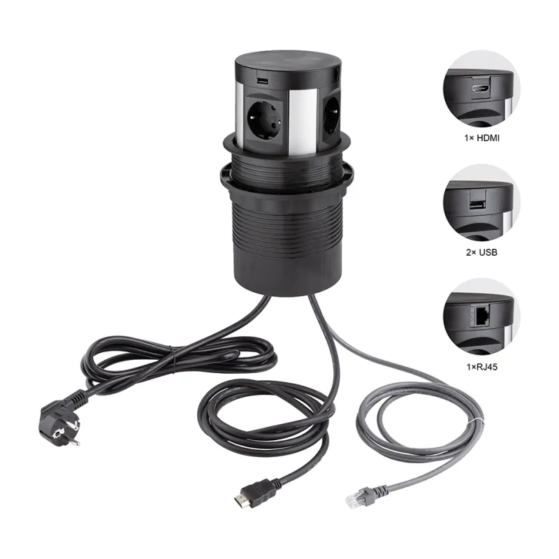Prise encastrable coulissante SCHUKO avec recharge sans fil 4×230 V + recharge USB A/C + HDMI + RJ45 / Noire