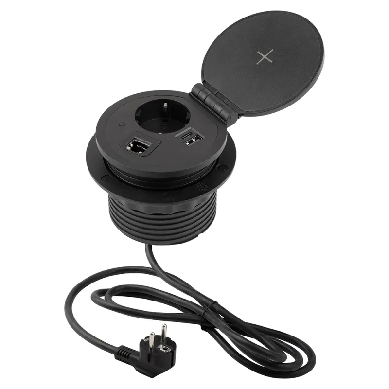 Prise encastrable SCHUKO pour table avec chargeur sans fil 1×230 V + 1×USB-A/C + HDMI + RJ45 / Noir