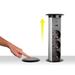 Prise électrique escamotable automatique MORGAN SCHUKO 3x230V + 2xUSB A+C / Aluminium