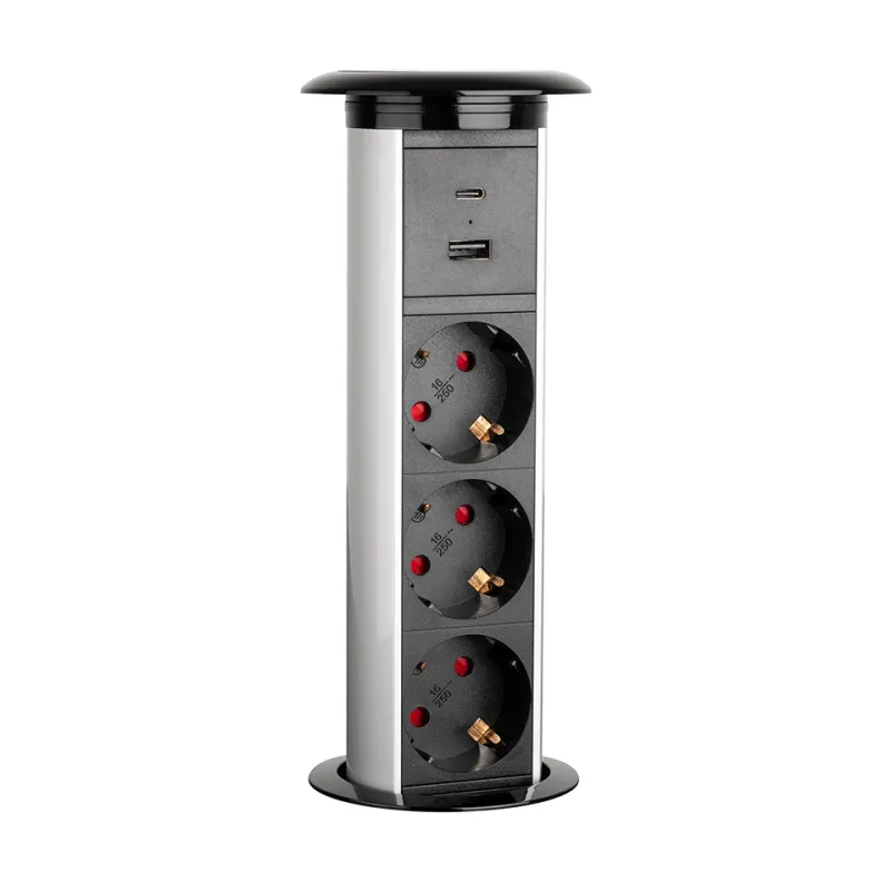 Prise électrique escamotable automatique MORGAN SCHUKO 3x230V + 2xUSB A+C / Aluminium