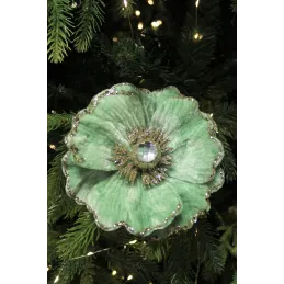Fleur décorative sur pince MAGNOLIA 140 mm / Velours vert