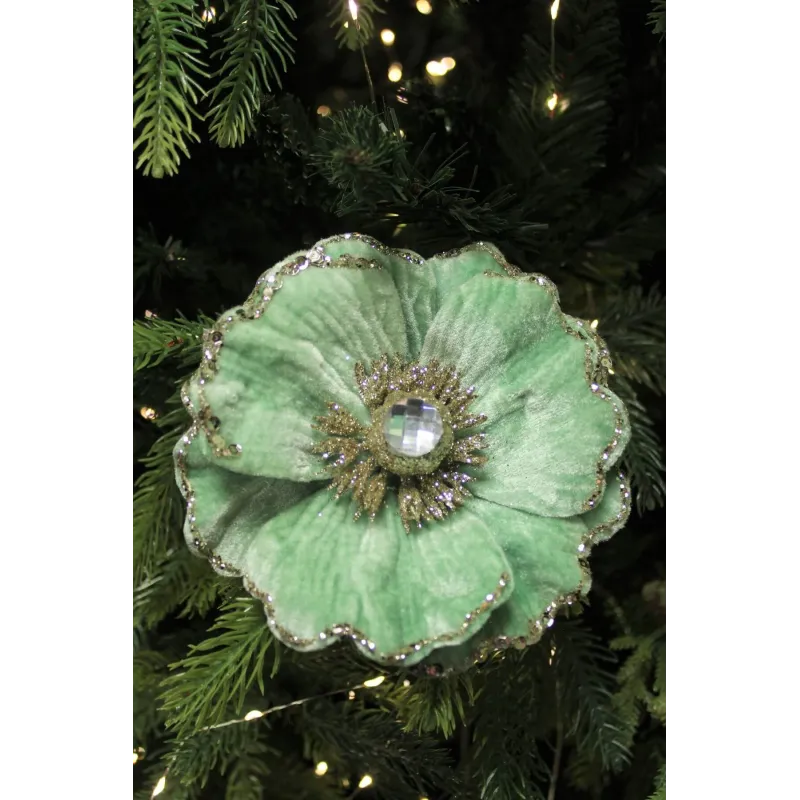Fleur décorative sur pince MAGNOLIA 140 mm / Velours vert
