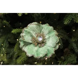 Fleur décorative sur pince MAGNOLIA 140 mm / Velours vert