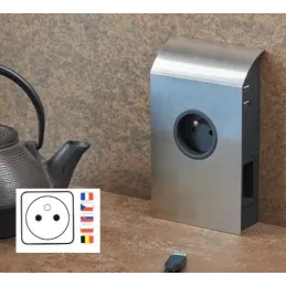 Prise encastrable BORN FRENCH 2 x 230 V + 2 x USB / Inox