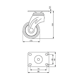 Roulettes de meuble VEDO 75 mm / Sans frein