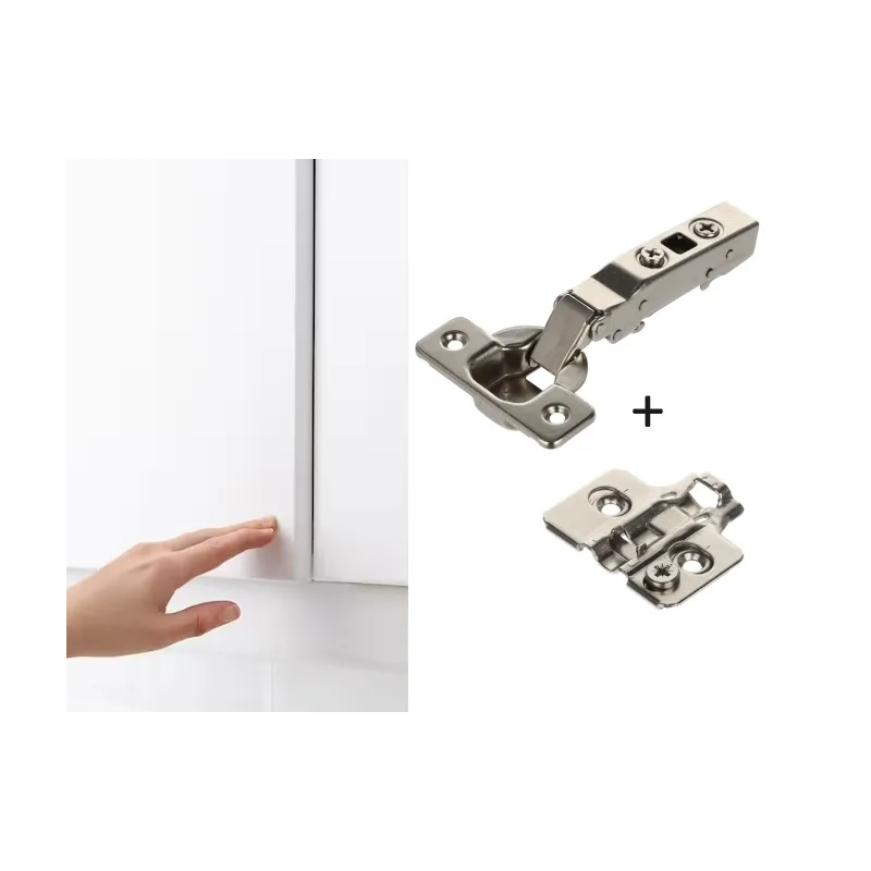 Charnière CLICK PUSH à ouverture sans poignée, semi-appliquée, avec embase 3D / Nickel