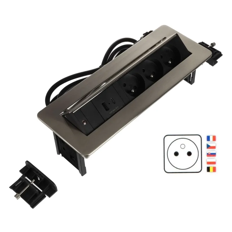 Prise électrique escamotable LUNAR FRENCH 3×230 V + recharge USB A-C / Inox