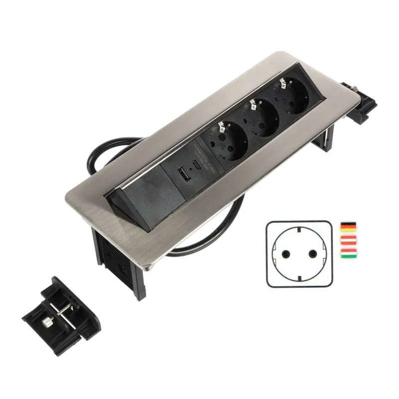 Prise électrique escamotable LUNAR SCHUKO 3x230V + recharge USB A-C / Acier inoxydable