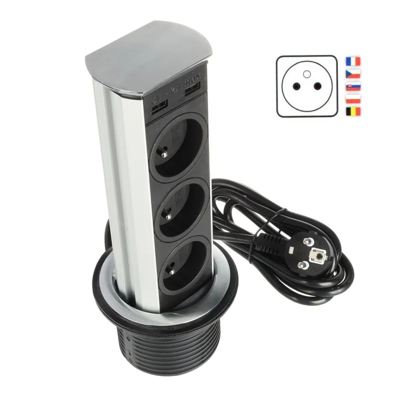Prise escamotable BRICK FRENCH 3x230V + USB A / Inox