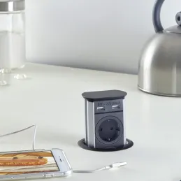 Bloc prise escamotable BRICK SCHUKO 3x230V + USB A / Inox