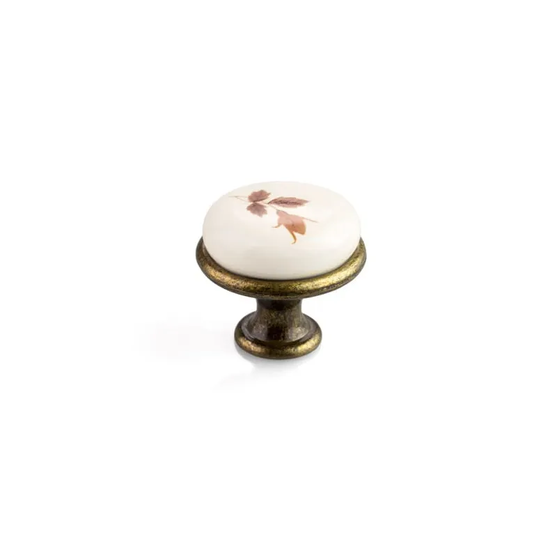 Bouton de meuble LUNAS / finition vieux laiton – motif floral marron