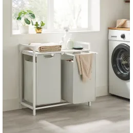 Panier à linge METALO DUO / Blanc + bois blanc