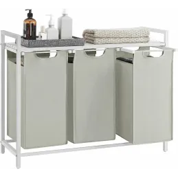 Panier à linge METALO TRIO / Blanc + bois blanc