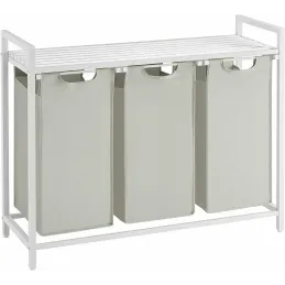Panier à linge METALO TRIO / Blanc + bois blanc