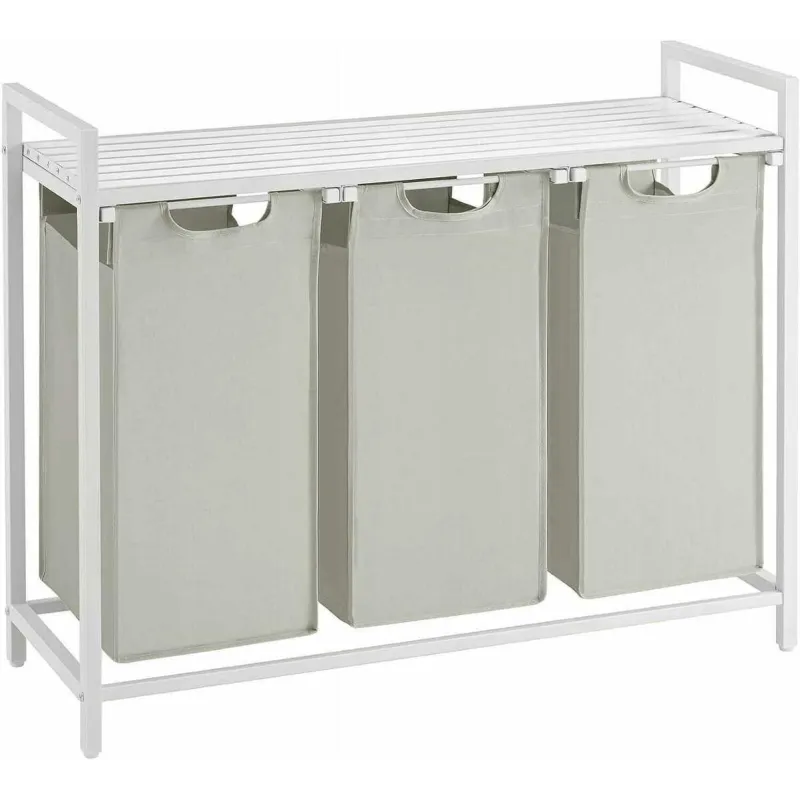 Panier à linge METALO TRIO / Blanc + bois blanc
