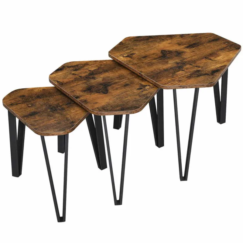 Set de 3 tables basses LUVERO / Noir mat – bois vintage