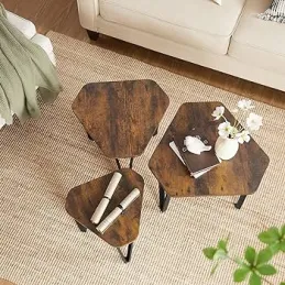 Set de 3 tables basses LUVERO / Noir mat – bois vintage