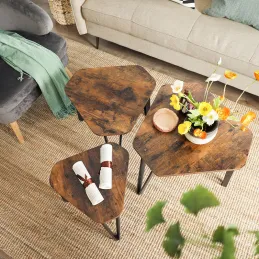 Set de 3 tables basses LUVERO / Noir mat – bois vintage