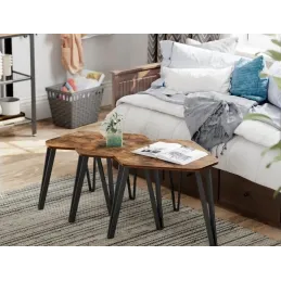 Set de 3 tables basses LUVERO / Noir mat – bois vintage