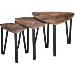 Set de 3 tables basses LUVERO / Noir mat – bois vintage