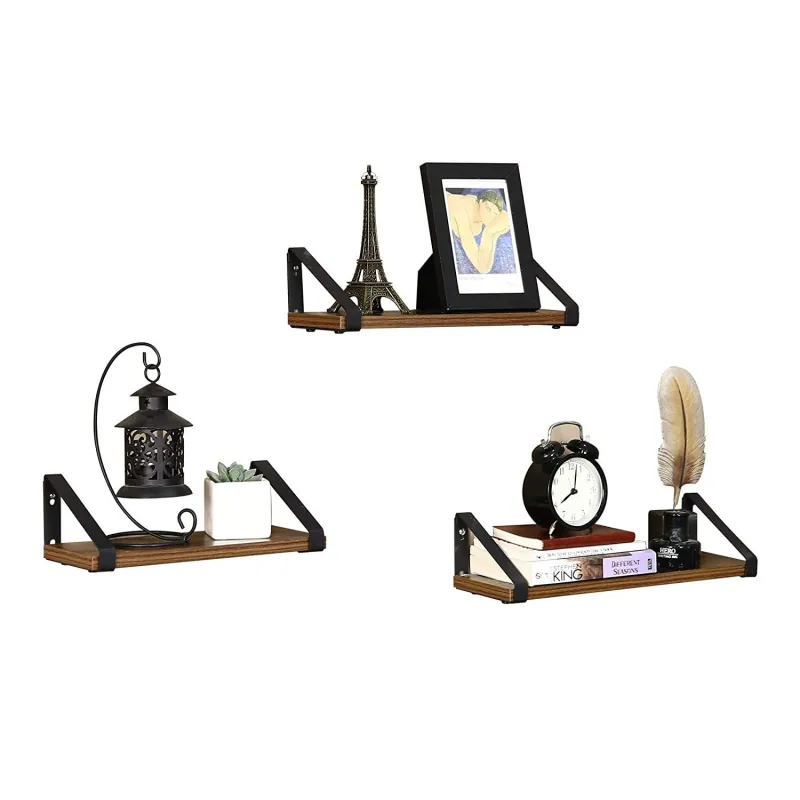 Lot de 3 étagères REGALO Shelf / Noir mat – bois vintage