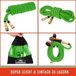 Tuyau d’arrosage flexible avec accessoires complets et support / Vert