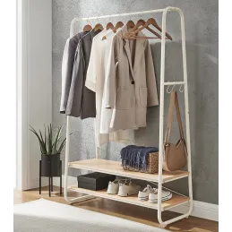 Portant à vêtements avec étagères PRINCESS / Blanc mat – bois
