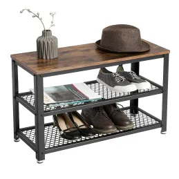 Meuble à chaussures avec tabouret VIANO 730 / Noir mat – bois vintage