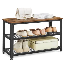 Meuble à chaussures avec tabouret VIANO 730 / Noir mat – bois vintage